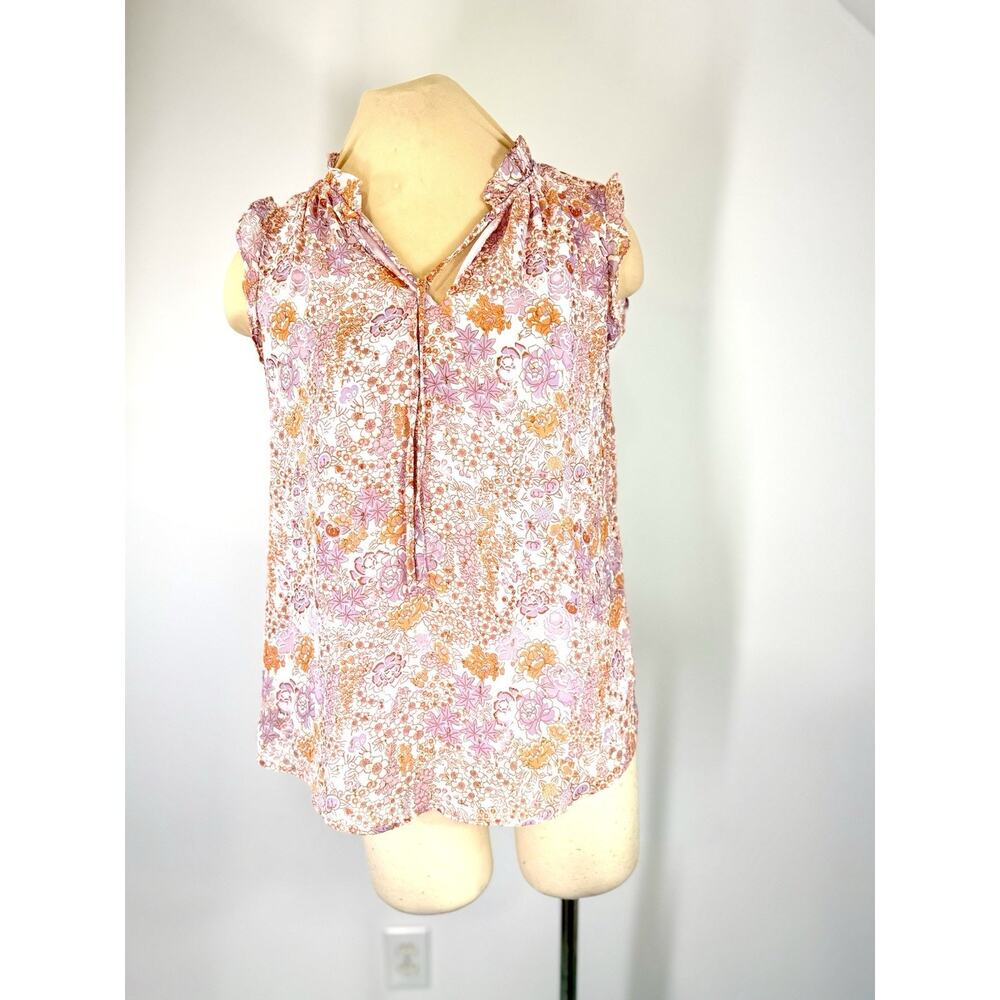 Maison d'Amelie NWT pink & gold Floral Print Blouse with Ruffled Shoulders, M